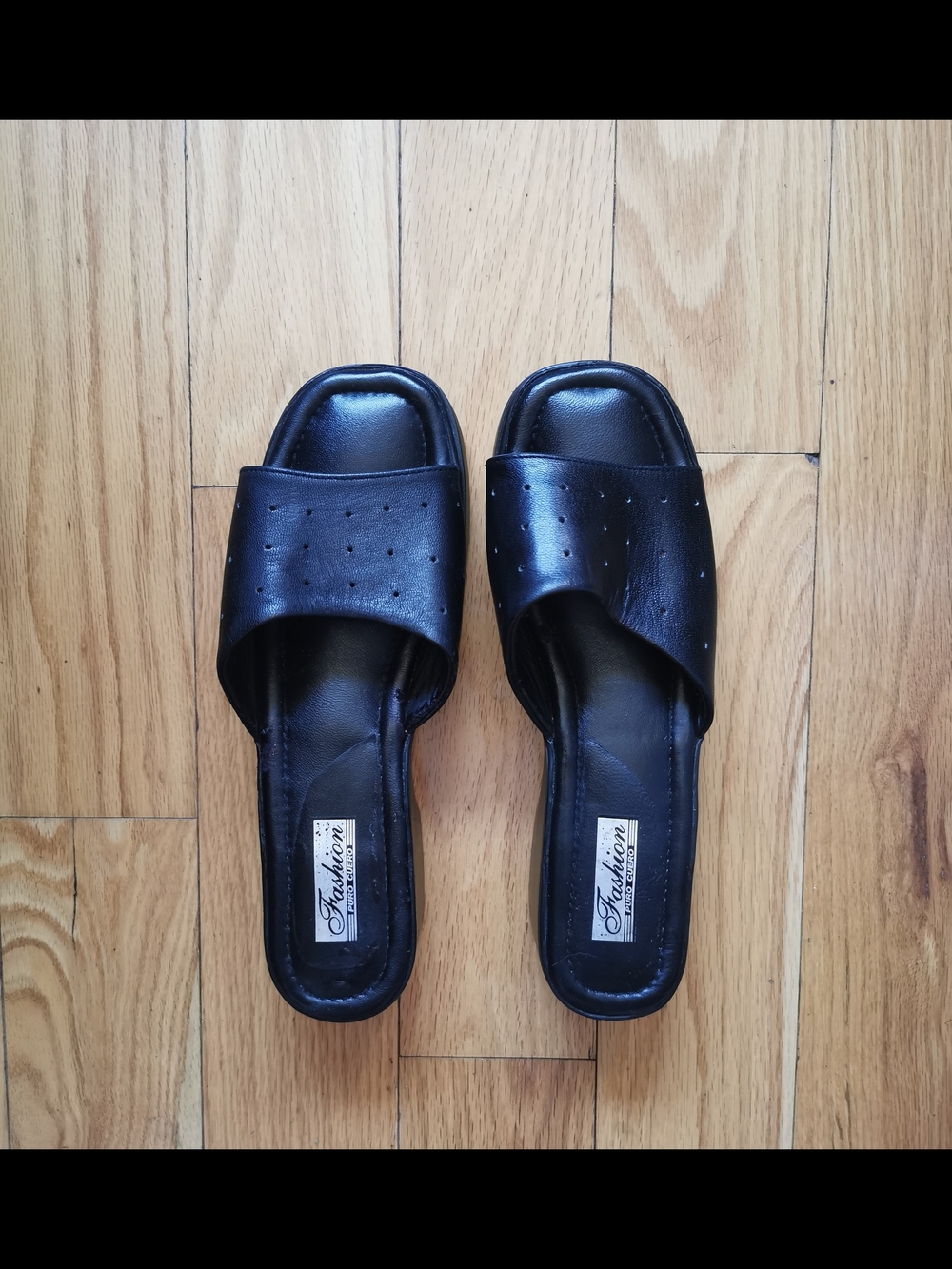 Black Slide Sandals with Perforated Strap